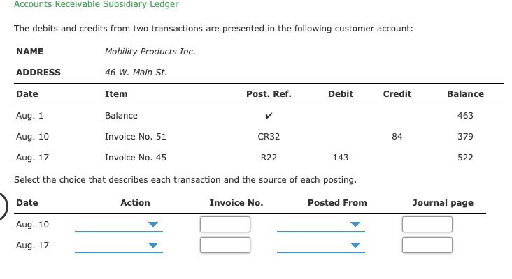 Accounts Receivable Subsidiary Ledger
The debits and credits from two transactions are presented in the following customer account:
Mobility Products Inc.
NAME
46 W. Main St.
ADDRESS
Debit
Date
Item
Post. Ref.
Credit
Balance
Aug. 1
Balance
463
Aug. 10
Invoice No. 51
CR32
84
379
143
Aug. 17
Invoice No. 45
R22
522
Select the choice that describes each transaction and the source of each posting.
Journal page
Date
Action
Invoice No.
Posted From
Aug. 10
Aug. 17
