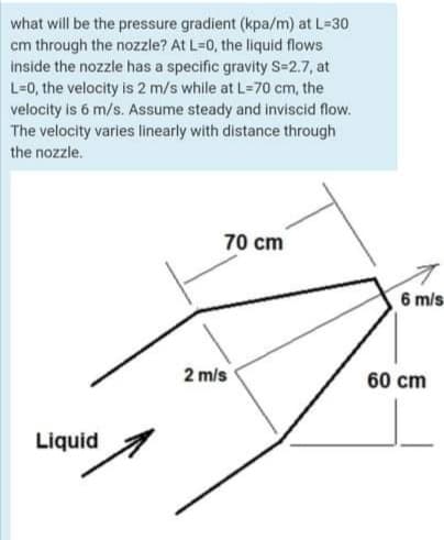 what will be the pressure gradient (kpa/m) at L=30
cm through the nozzle? At L=0, the liquid flows
inside the nozzle has a specific gravity S=2.7, at
L=0, the velocity is 2 m/s while at L=70 cm, the
velocity is 6 m/s. Assume steady and inviscid flow.
The velocity varies linearly with distance through
the nozzle.
70 cm
6 m/s
2 m/s
60 cm
Liquid
