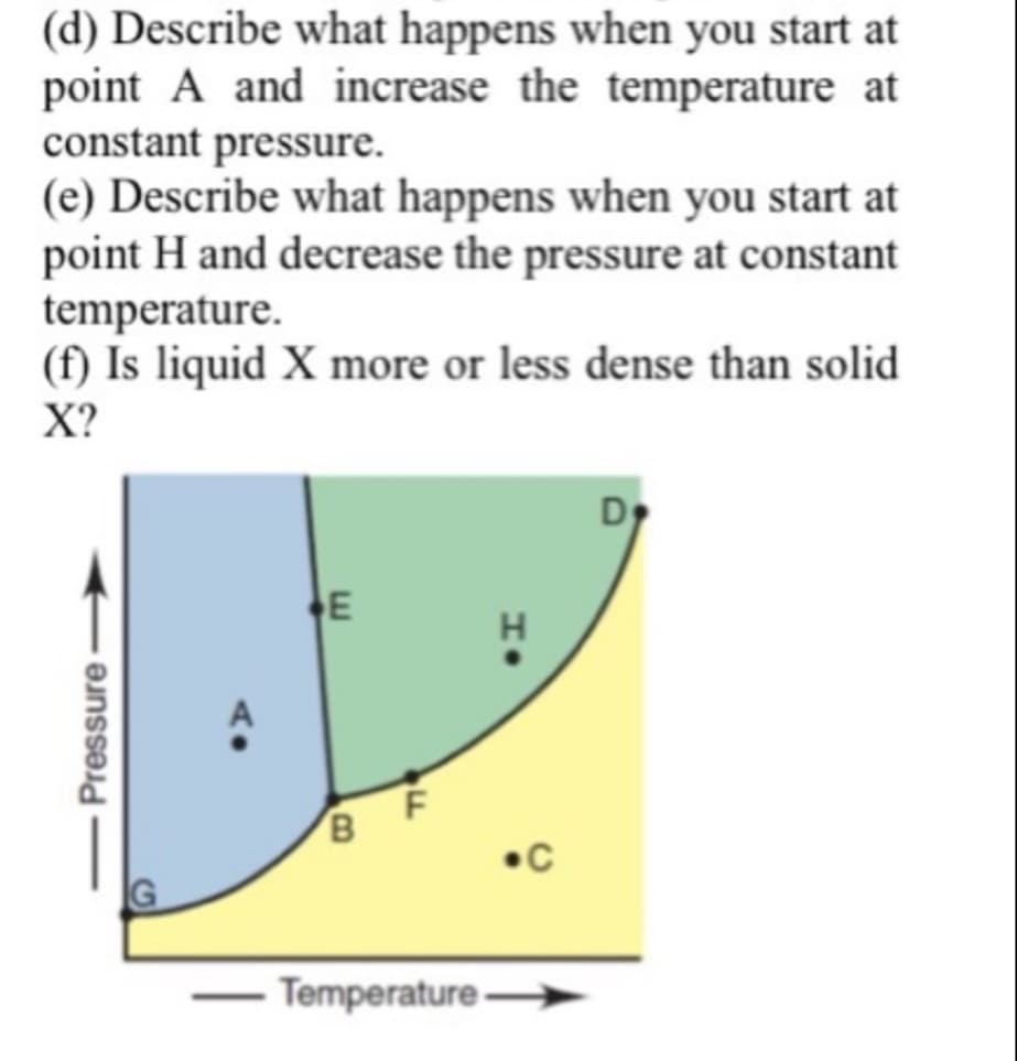 (d) Describe what happens when you start at
point A and increase the temperature at
constant pressure.
(e) Describe what happens when you start at
point H and decrease the pressure at constant
temperature.
(f) Is liquid X more or less dense than solid
X?
Dy
E
Temperature
- Pressure
B
