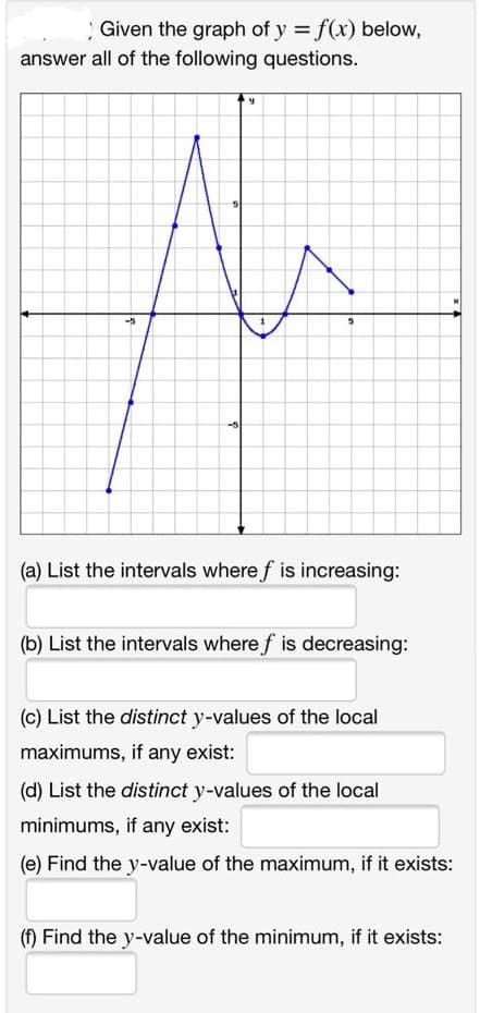 Given the graph of y = f(x) below,
answer all of the following questions.
-5
(a) List the intervals where f is increasing:
(b) List the intervals where f is decreasing:
(c) List the distinct y-values of the local
maximums, if any exist:
(d) List the distinct y-values of the local
minimums, if any exist:
(e) Find the y-value of the maximum, if it exists:
(f) Find the y-value of the minimum, if it exists:
