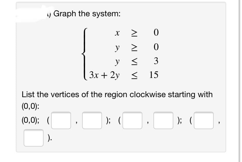 ) Graph the system:
y
y
3
Зх + 2y
< 15
List the vertices of the region clockwise starting with
(0,0):
(0,0); (
); (
); (
).
ALAL VI VI
