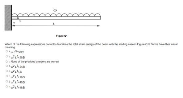 Figure a1
Which of the following expressions correctly describes the total strain energy of the beam with the loading case in Figure Q1? Terms have their usual
meaning.
E /ک مي o
Oc None of the provided answers are correct
24E /ق ميهo
40E/ م o
