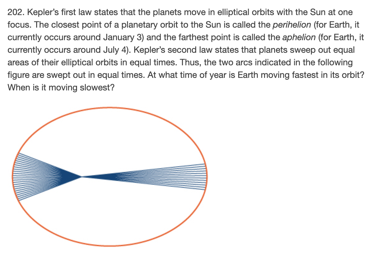 202. Kepler's first law states that the planets move in elliptical orbits with the Sun at one
focus. The closest point of a planetary orbit to the Sun is called the perihelion (for Earth, it
currently occurs around January 3) and the farthest point is called the aphelion (for Earth, it
currently occurs around July 4). Kepler's second law states that planets sweep out equal
areas of their elliptical orbits in equal times. Thus, the two arcs indicated in the following
figure are swept out in equal times. At what time of year is Earth moving fastest in its orbit?
When is it moving slowest?
