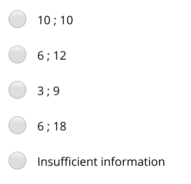 10; 10
6; 12
3; 9
6; 18
Insufficient information
