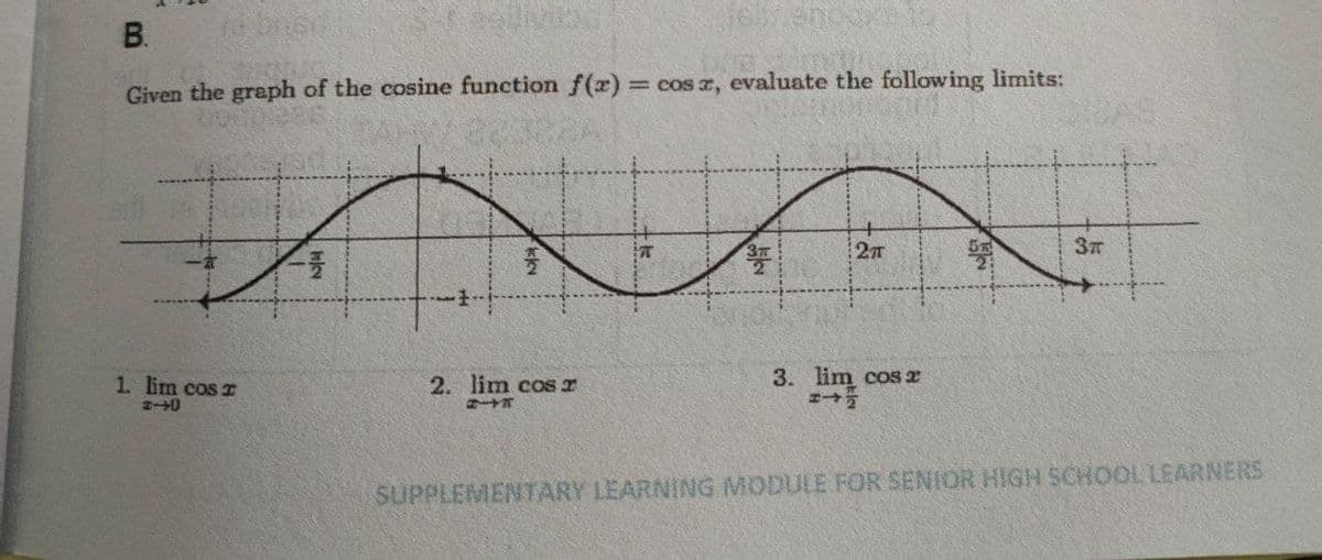 B.
bos
Given the graph of the cosine function f(x)%3D cos r, evaluate the following limits:
AS
1. lim cos z
2. lim cos z
3. lim cos z
SUPPLEMENTARY LEARNING MODULE FOR SENIOR HIGH SCHOOL LEARNERS
