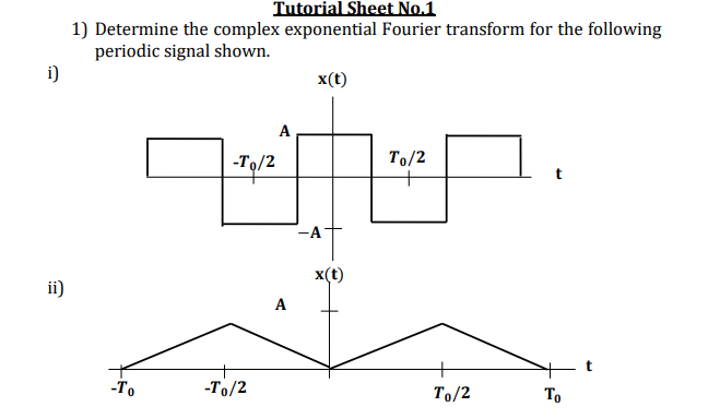 Tutorial Sheet No.1
1) Determine the complex exponential Fourier transform for the following
periodic signal shown.
i)
x(t)
A
To/2
-A
x(t)
ii)
A
-To
-To/2
To/2
То
