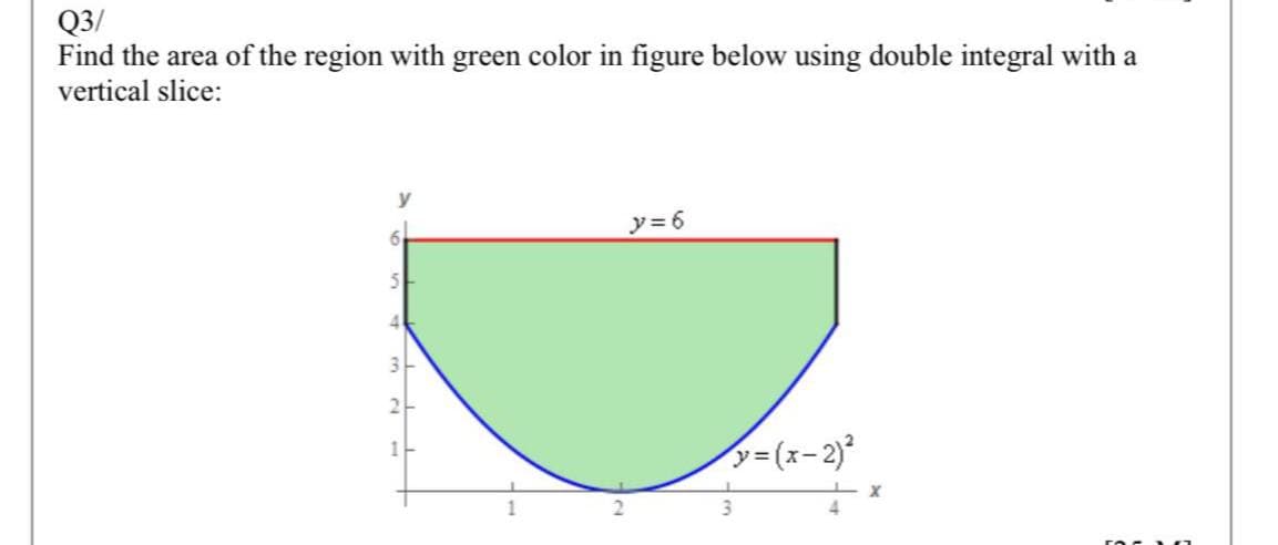 Q3/
Find the area of the region with green color in figure below using double integral with a
vertical slice:
y= 6
2
1-
y=(x-2)?
