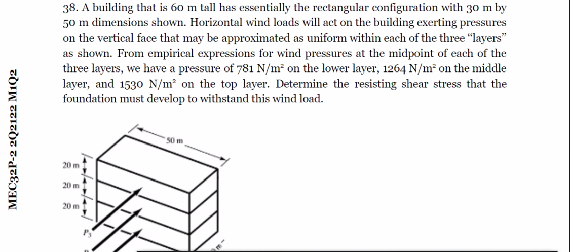 38. A building that is 60 m tall has essentially the rectangular configuration with 30 m by
50 m dimensions shown. Horizontal wind loads will act on the building exerting pressures
on the vertical face that may be approximated as uniform within each of the three “layers"
as shown. From empirical expressions for wind pressures at the midpoint of each of the
three layers, we have a pressure of 781 N/m² on the lower layer, 1264 N/m² on the middle
layer, and 1530 N/m² on the top layer. Determine the resisting shear stress that the
foundation must develop to withstand this wind load.
50 m
20 m
20 m
20 m
P3
MEC32P-2 2Q2122 M1Q2
