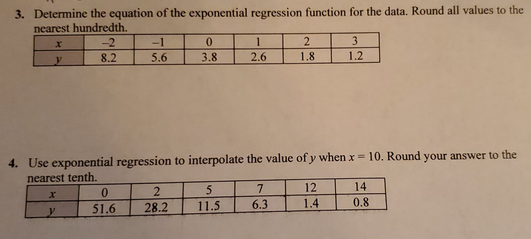 3. Determine the equation of the exponential regression function for the data. Round all values to the
nearest hundredth.
-2
-1
0.
1
3
8.2
5.6
3.8
2.6
1.8
1.2
4. Use exponential regression to interpolate the value of y when x = 10. Round your answer to the
nearest tenth.
7
12
14
51.6
28.2
11.5
6.3
1.4
0.8
