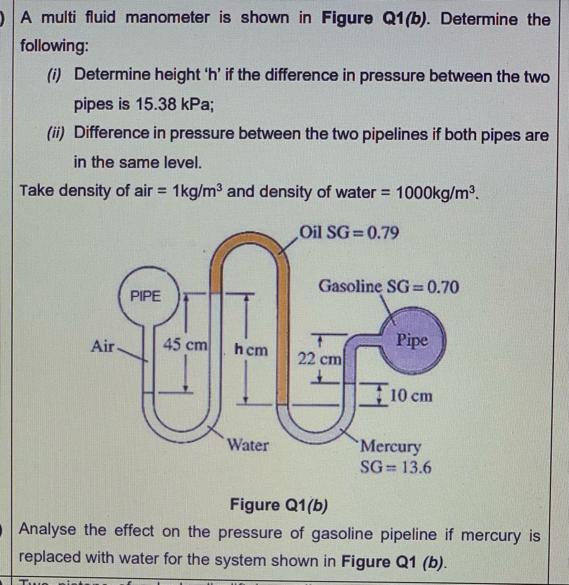 DA multi fluid manometer is shown in Figure Q1(b). Determine the
following:
(i) Determine height 'h' if the difference in pressure between the two
pipes is 15.38 kPa;
(ii) Difference in pressure between the two pipelines if both pipes are
in the same level.
Take density of air =
1kg/m3 and density of water = 1000kg/m³.
%3D
Oil SG 0.79
Gasoline SG =0.70
PIPE
Air.
45 cm
h cm
Pipe
22 cm
10 cm
Water
`Mercury
SG 13.6
Figure Q1(b)
Analyse the effect on the pressure of gasoline pipeline if mercury is
replaced with water for the system shown in Figure Q1 (b).
