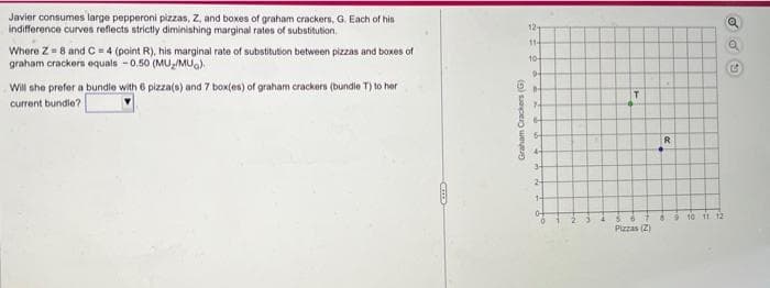 Javier consumes large pepperoni pizzas, Z, and boxes of graham crackers, G. Each of his
indifference curves reflects strictly diminishing marginal rates of substitution.
Where Z=8 and C= 4 (point R), his marginal rate of substitution between pizzas and boxes of
graham crackers equals -0.50 (MU/MU).
Will she prefer a bundle with 6 pizza(s) and 7 box(es) of graham crackers (bundle T) to her
current bundle?
OCEDID
12-
11-
10-
9.
21
Graham Crackers (G)
7-
6
6
34
24
0
0
T
Pizzas (2)
R
9 10 11 12
C