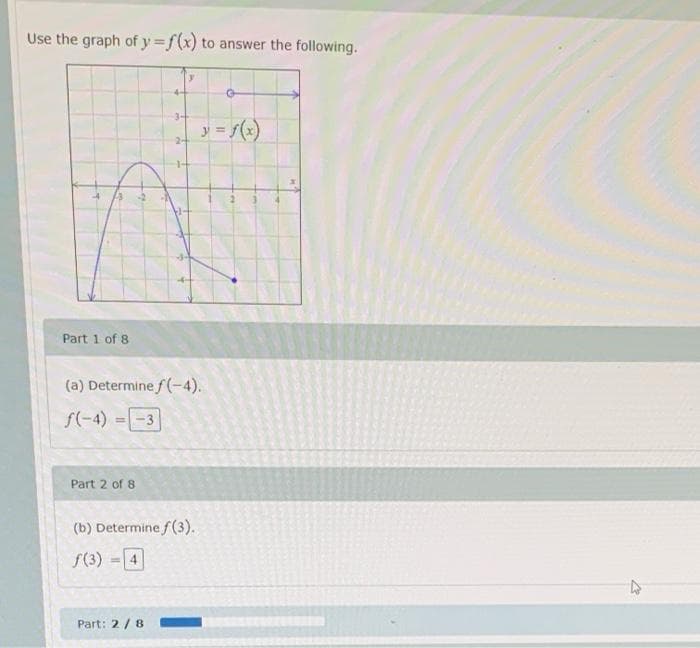 Use the graph of y =f(x) to answer the following.
y = f(:)
2-
Part 1 of 8
(a) Determine f(-4).
f(-4) =-3
Part 2 of 8
(b) Determine f(3).
f(3)
4
Part: 2/8
