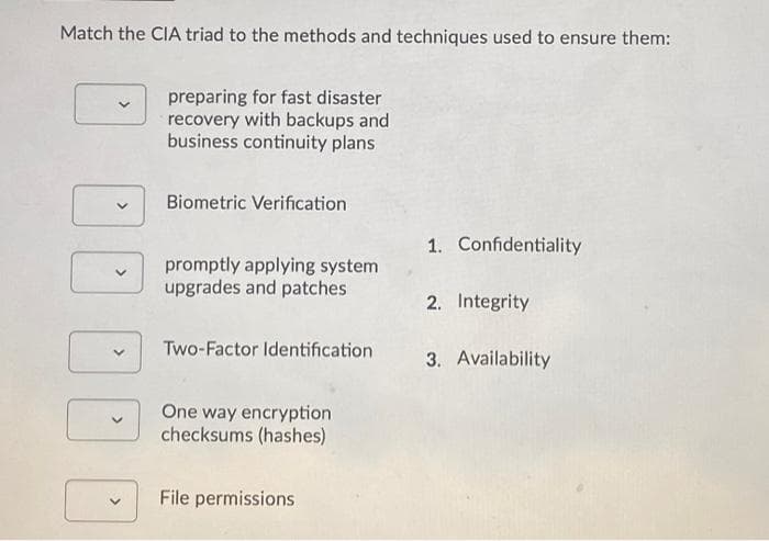 Match the CIA triad to the methods and techniques used to ensure them:
preparing for fast disaster
recovery with backups and
business continuity plans
Biometric Verification
1. Confidentiality
promptly applying system
upgrades and patches
2. Integrity
Two-Factor Identification
3. Availability
One way encryption
checksums (hashes)
File permissions
>
