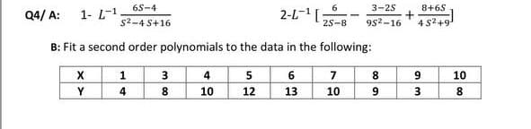 65-4
Q4/ A:
1- L-1
52-45+16
B: Fit a second order polynomials to the data in the following:
X
Y
1
4
3
3 00
8
4
10
52
2-L¹ [:
6
6
13
2S-8
3-2S
952-16
7
10
8
69
9
8+6S
4 S²+9¹
93
3
10
900
8