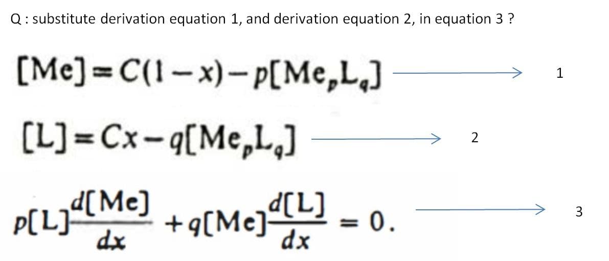 Q: substitute derivation equation
and derivation equation 2, in equation 3 ?
[Me] =C(1– x)– p[Me,L,J
1
(L]=Cx-q[Me,L,)
P[L]<[Me]
dx
+9[Me][L]
dx
0.
