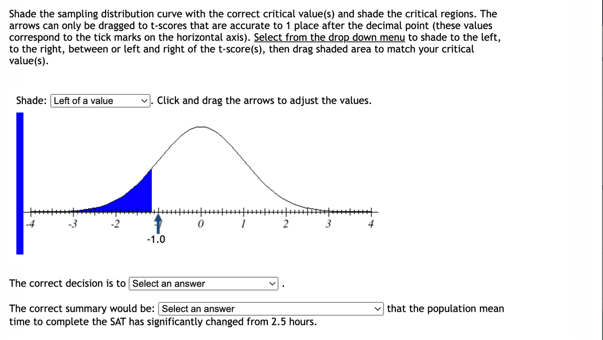 Shade the sampling distribution curve with the correct critical value(s) and shade the critical regions. The
arrows can only be dragged to t-scores that are accurate to 1 place after the decimal point (these values
correspond to the tick marks on the horizontal axis). Select from the drop down menu to shade to the left,
to the right, between or left and right of the t-score(s), then drag shaded area to match your critical
value(s).
Shade: Left of a value
-2
Click and drag the arrows to adjust the values.
-1.0
0
1
2
The correct decision is to Select an answer
The correct summary would be: Select an answer
time to complete the SAT has significantly changed from 2.5 hours.
3
+++++
that the population mean