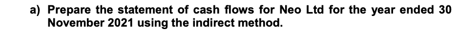 a) Prepare the statement of cash flows for Neo Ltd for the year ended 30
November 2021 using the indirect method.
