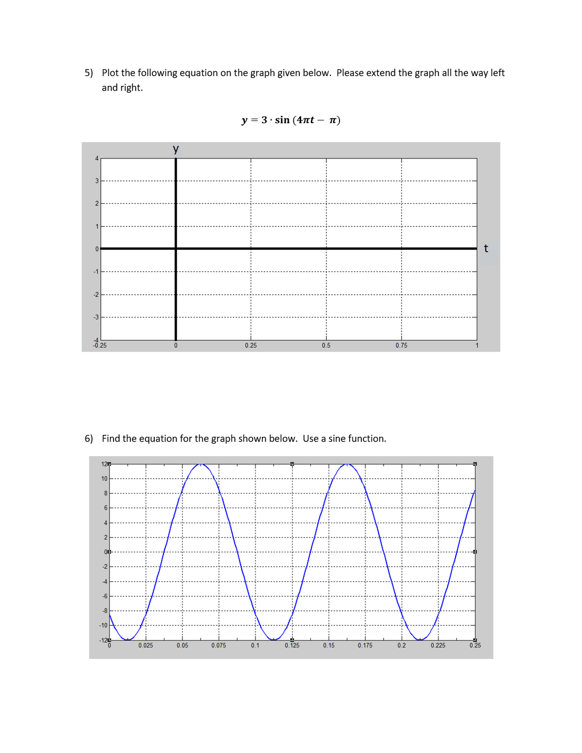 5) Plot the following equation on the graph given below. Please extend the graph all the way left
and right.
y = 3· sin (4nt – T)
2
-2
-3
-0.25
0.25
0.5
0.75
6) Find the equation for the graph shown below. Use a sine function.
12
10
8
2
-2
-4
-6
-8
-10
-12
0.025
0.05
0.075
0.1
0.125
0.15
0.175
0.2
0.225
0.25
