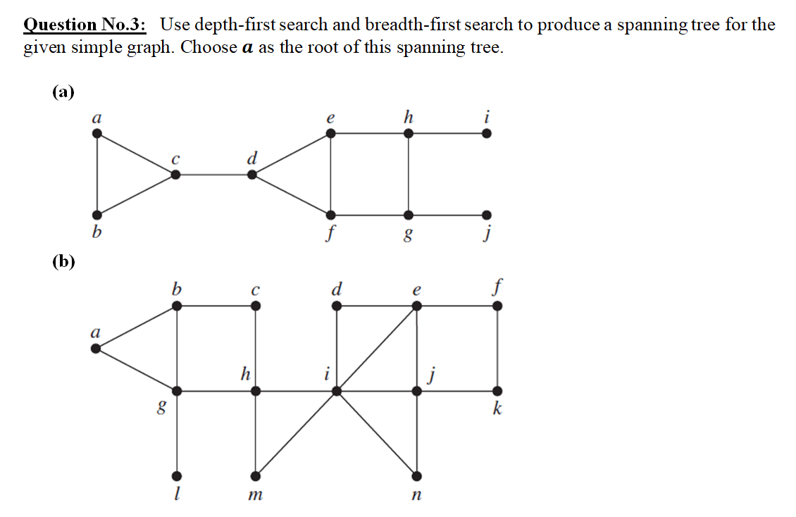 Question No.3: Use depth-first search and breadth-first search to produce a spanning tree for the
given simple graph. Choose a as the root of this spanning tree.
(a)
а
e
f
(b)
d
e
h
k
m
