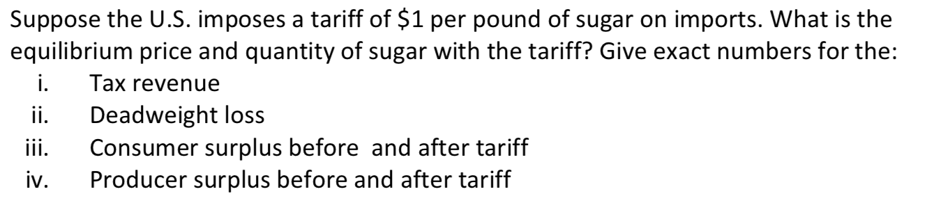 Suppose the U.S. imposes a tariff of $1 per pound of sugar on imports. What is the
equilibrium price and quantity of sugar with the tariff? Give exact numbers for the:
i.
Tax revenue
Deadweight loss
Consumer surplus before and after tariff
Producer surplus before and after tariff
ii.
ii.
iv.
