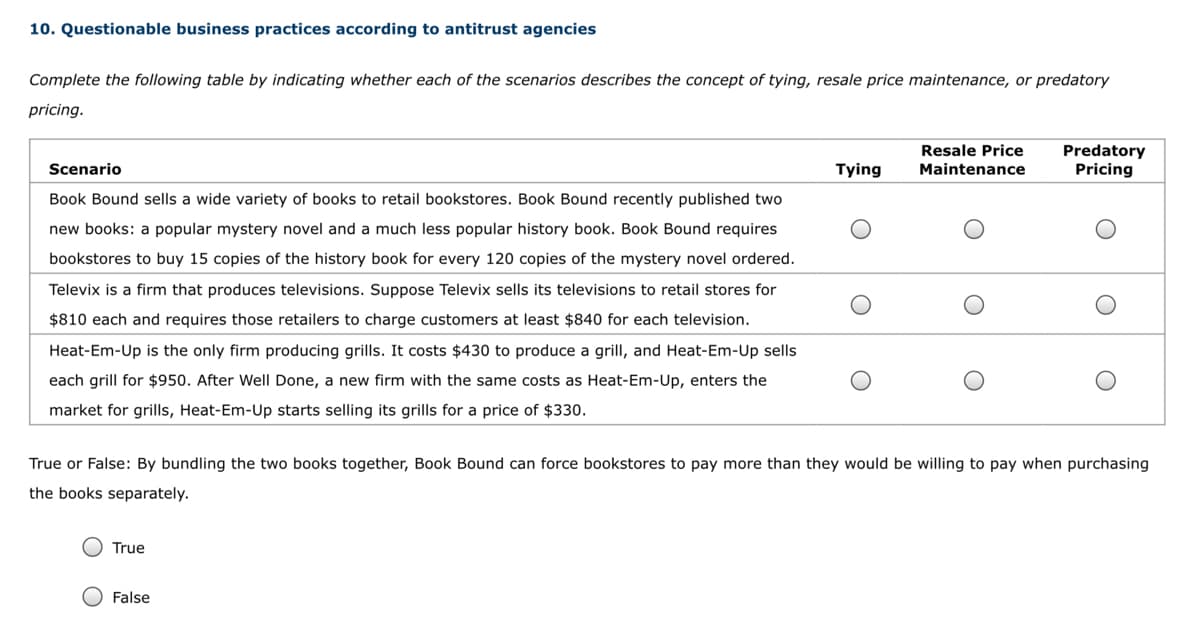 10. Questionable business practices according to antitrust agencies
Complete the following table by indicating whether each of the scenarios describes the concept of tying, resale price maintenance, or predatory
pricing.
Scenario
Book Bound sells a wide variety of books to retail bookstores. Book Bound recently published two
new books: a popular mystery novel and a much less popular history book. Book Bound requires
bookstores to buy 15 copies of the history book for every 120 copies of the mystery novel ordered.
Televix is a firm that produces televisions. Suppose Televix sells its televisions to retail stores for
$810 each and requires those retailers to charge customers at least $840 for each television.
Heat-Em-Up is the only firm producing grills. It costs $430 to produce a grill, and Heat-Em-Up sells
each grill for $950. After Well Done, a new firm with the same costs as Heat-Em-Up, enters the
market for grills, Heat-Em-Up starts selling its grills for a price of $330.
True
Tying
False
Resale Price
Maintenance
Predatory
Pricing
True or False: By bundling the two oks together, Book Bound can force bookstores to pay more than they would be willing to pay when purchasing
the books separately.
O