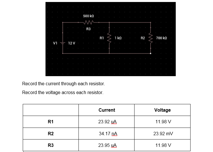 500 kQ
R3
R1
1 kQ
R2
700 kQ
V1
12 V
Record the current through each resistor.
Record the voltage across each resistor.
Current
Voltage
R1
23.92 uA
11.98 V
R2
34.17 nA
23.92 mV
R3
23.95 uA
11.98 V
