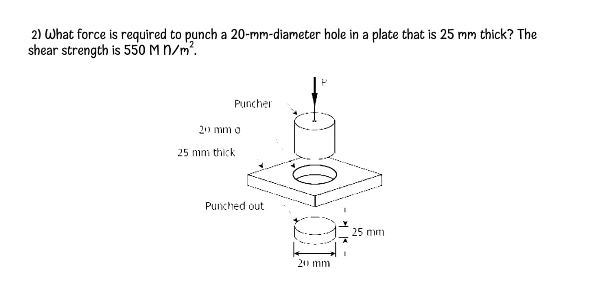 2) What force is required to punch a 20-mm-diameter hole in a plate that is 25 mm thick? The
shear strength is 550 M N/m².
Puncher
ה הון (21
25 mm thick
Punched out
25 mm
20 mm
