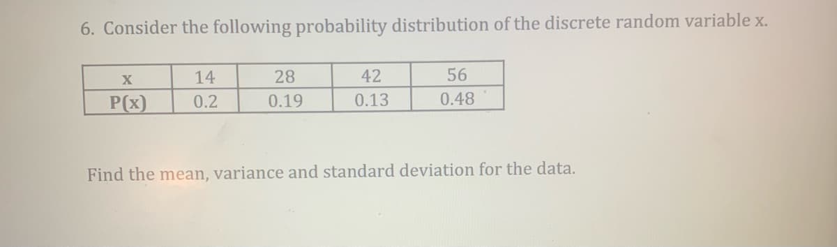 6. Consider the following probability distribution of the discrete random variable x.
X
14
28
42
56
P(x)
0.2
0.19
0.13
0.48
Find the mean, variance and standard deviation for the data.
