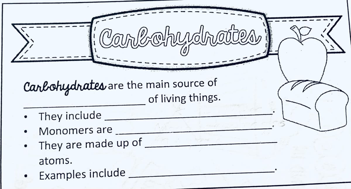 Carbahydrates
Carbohydrates are the main source of
of living things.
They inciude
Monomers are
They are made up of
atoms.
Examples include
