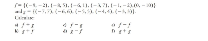 f = {(-9, –2), (-8, 5), (-6, 1), (-3, 7), (–1, –2),(0, – 10)}
and g = {(-7,7), (-6, 6), (-5, 5), (-4, 4), (–3, 3)}.
Calculate:
a) f+g
b) g +f
c) f- g
d) g-f
e) f- f
f) g+g
