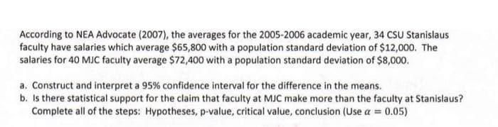 According to NEA Advocate (2007), the averages for the 2005-2006 academic year, 34 CSU Stanislaus
faculty have salaries which average $65,800 with a population standard deviation of $12,000. The
salaries for 40 MJC faculty average $72,400 with a population standard deviation of $8,000.
a. Construct and interpret a 95% confidence interval for the difference in the means.
b. Is there statistical support for the claim that faculty at MJC make more than the faculty at Stanislaus?
Complete all of the steps: Hypotheses, p-value, critical value, conclusion (Use a = 0.05)
%3D
