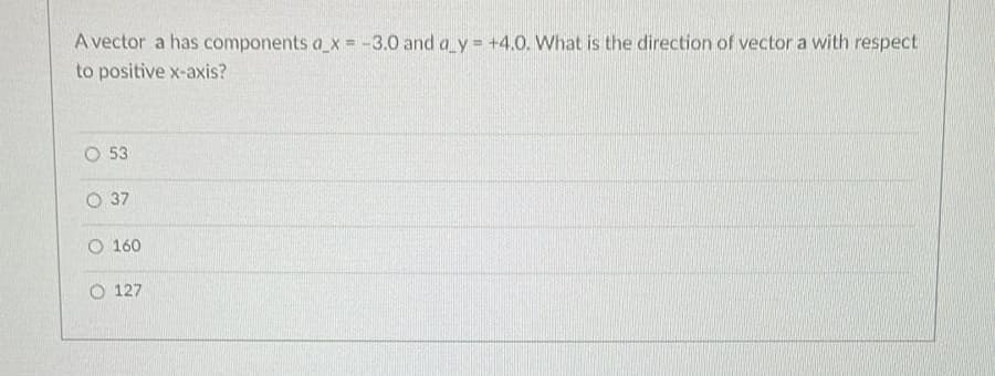 A vector a has components a_x= -3.0 and a_y= +4.0. What is the direction of vector a with respect
to positive x-axis?
O 53
O 37
O 160
O127