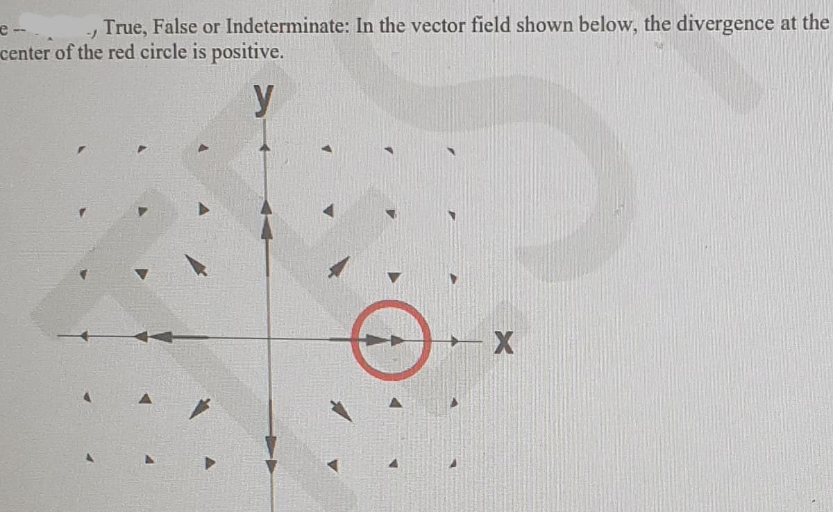 -J
True, False or Indeterminate: In the vector field shown below, the divergence at the
center of the red circle is positive.
e-
L
X