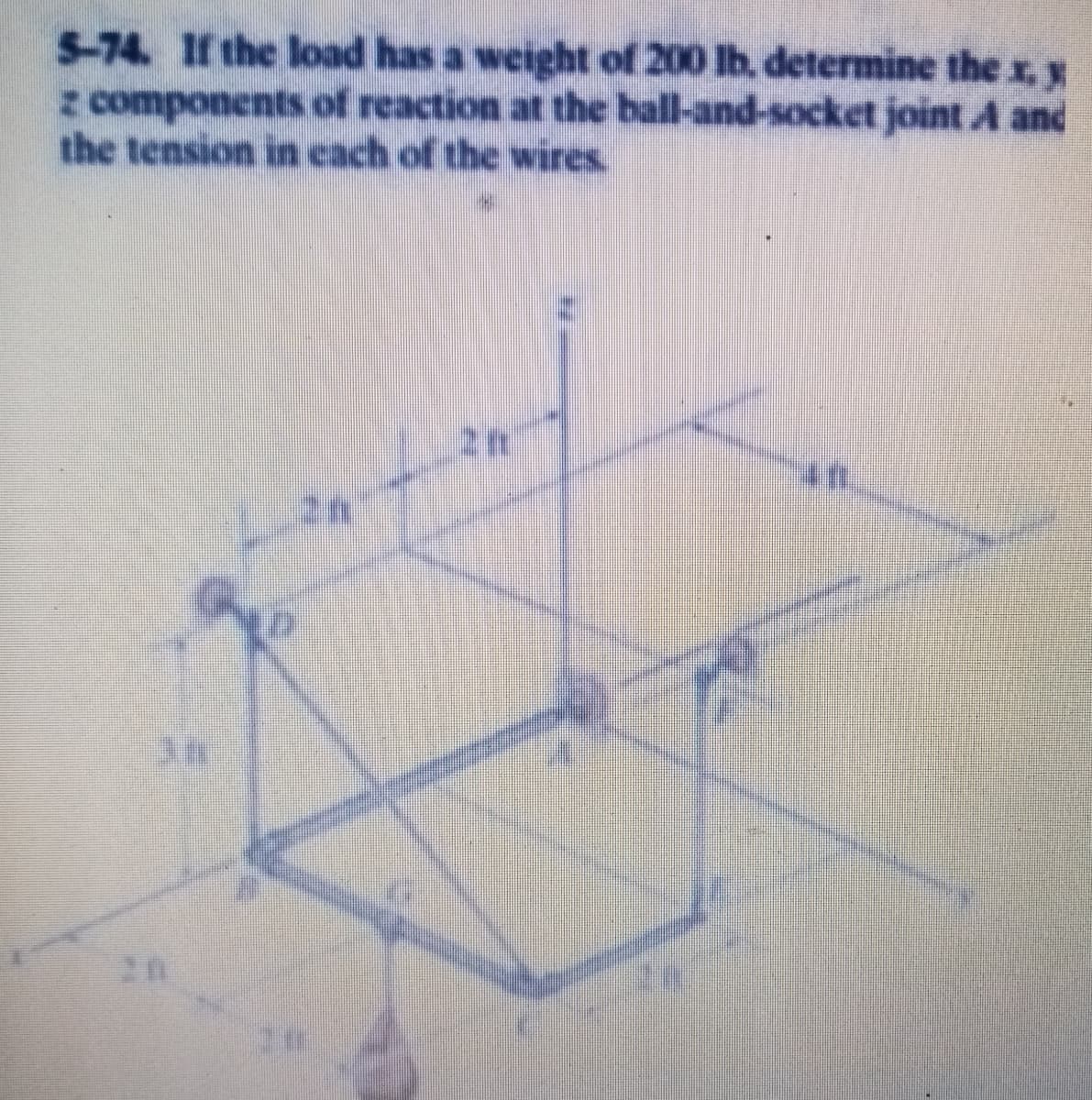 5-74. If the load has a weight of 200 lb, determine the x, y
z components of reaction at the ball-and-socket joint A and
the tension in cach of the wires.
20
