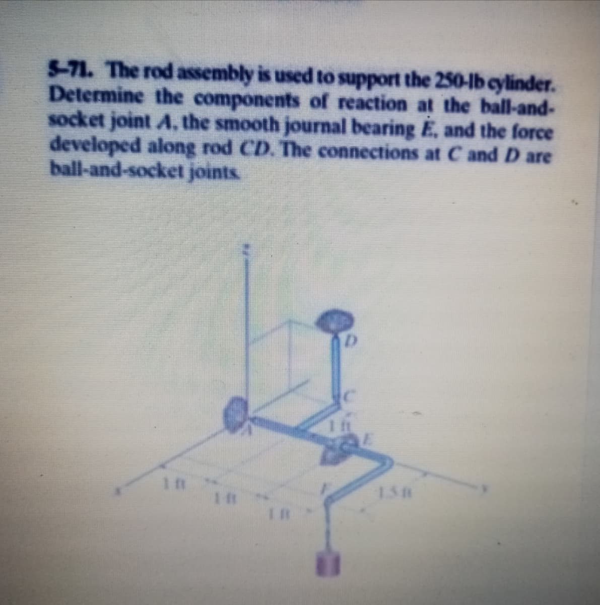 5-71. The rod assembly is used to support the 250-lb cylinder.
Determine the components of reaction at the ball-and-
socket joint A. the smooth journal bearing E, and the force
developed along rod CD. The connections at C and D are
ball-and-socket joints
