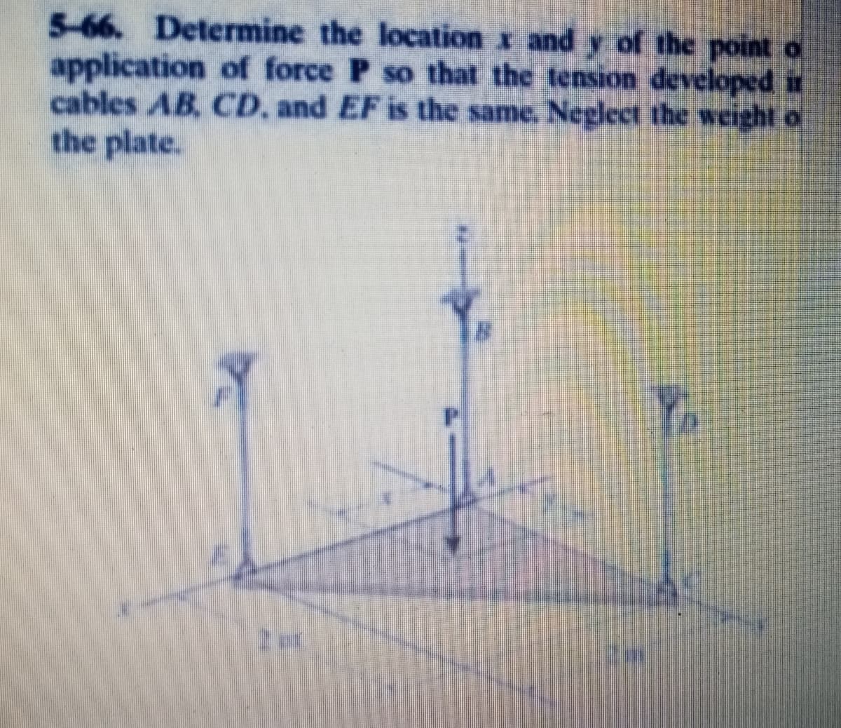 5-66. Determine the location x and y of the point o
application of force P so that the tension developed it
cables AB, CD, and EF is the same. Neglect the weight o
the plate.
