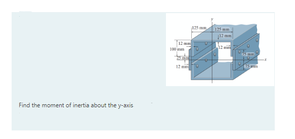 125 mm
125 mm
mm
12 mm
100 mm
12 mm
75 mm
5 mm
75 in
12 mm
Find the moment of inertia about the y-axis
