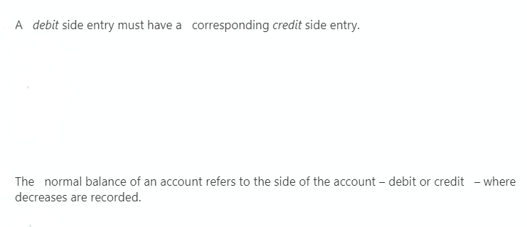 A debit side entry must have a corresponding credit side entry.
The normal balance of an account refers to the side of the account – debit or credit - where
decreases are recorded.
