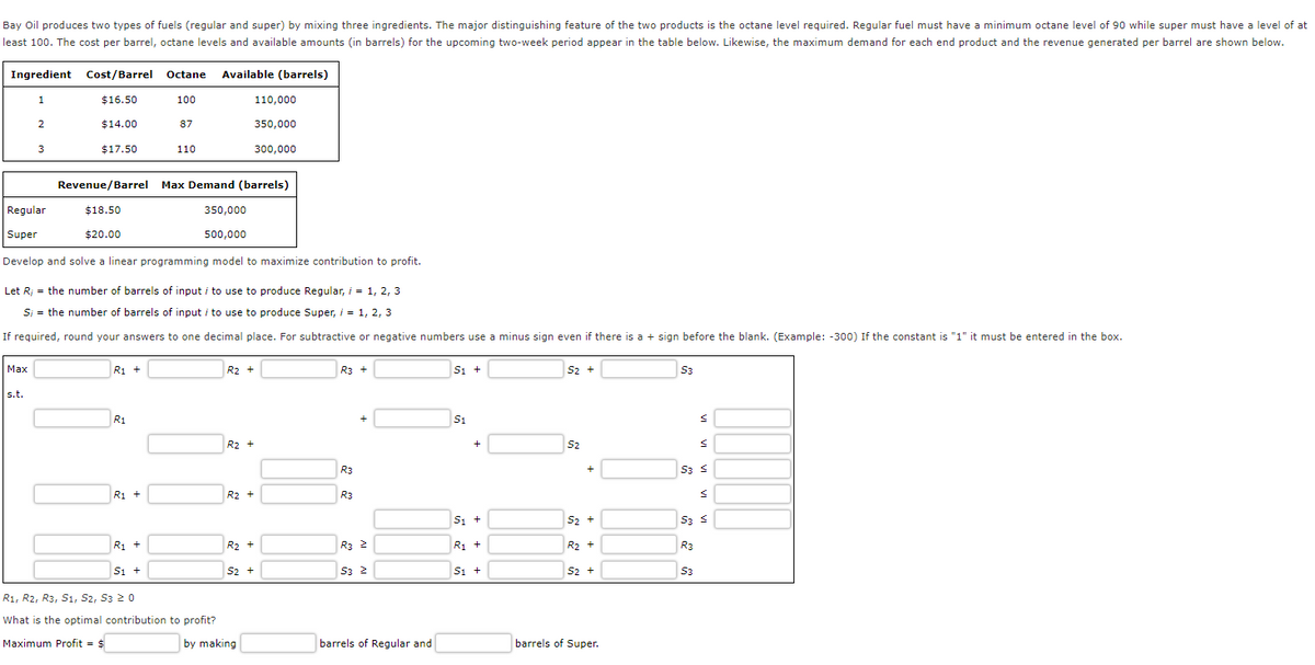 Bay Oil produces two types of fuels (regular and super) by mixing three ingredients. The major distinguishing feature of the two products is the octane level required. Regular fuel must have a minimum octane level of 90 while super must have a level of at
least 100. The cost per barrel, octane levels and available amounts (in barrels) for the upcoming two-week period appear in the table below. Likewise, the maximum demand for each end product and the revenue generated per barrel are shown below.
Ingredient
1
Max
2
s.t.
3
Cost/Barrel
$16.50
$14.00
$17.50
Revenue/Barrel
$18.50
$20.00
Max Demand (barrels)
Regular
350,000
500,000
Super
Develop and solve a linear programming model to maximize contribution to profit.
Let R; = the number of barrels of input i to use to produce Regular, i = 1, 2, 3
S; = the number of barrels of input i to use to produce Super, i = 1, 2, 3
If required, round your answers to one decimal place. For subtractive or negative numbers use a minus sign even if there is a + sign before the blank. (Example: -300) If the constant is "1" it must be entered in the box.
R₁ +
R1
R1 +
Octane Available (barrels)
100
87
R₁ +
S1 +
110
R1, R2, R3, S1, S2, S3 2 0
What is the optimal contribution
Maximum Profit = $
to profit?
R₂ +
R₂ +
110,000
350,000
300,000
R2 +
R₂ +
S2 +
by making
R3 +
R3
R3
+
R3 2
S3 2
barrels of Regular and
S1 +
S1
+
S1 +
R₁ +
S1 +
S2 +
S2
+
S2 +
R₂ +
S2 +
barrels of Super.
S3
S
S
S3 S
S
S3 S
R3
S3