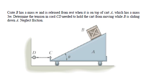 Crate B has a mass m and is released from rest when it is on top of cart 4, which has a mass
3m. Determine the tension in cord CD needed to hold the cart from moving while B is sliding
down A. Neglect friction.
A
