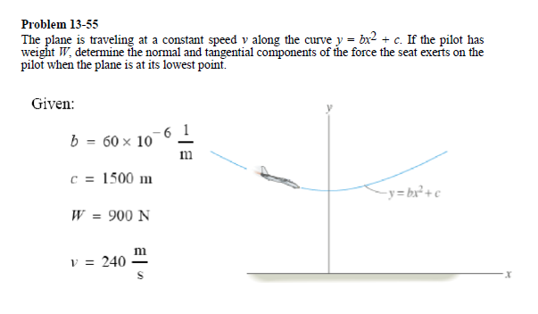 Problem 13-55
The plane is traveling at a constant speed v along the curve y = bx2 + c. If the pilot has
weight W, determine the normal and tangential components of the force the seat exerts on the
pilot when the plane is at its lowest point.
Given:
b = 60 x 10
-6 1
m
c = 1500 m
-y = bx² +c
W = 900 N
m
v = 240
