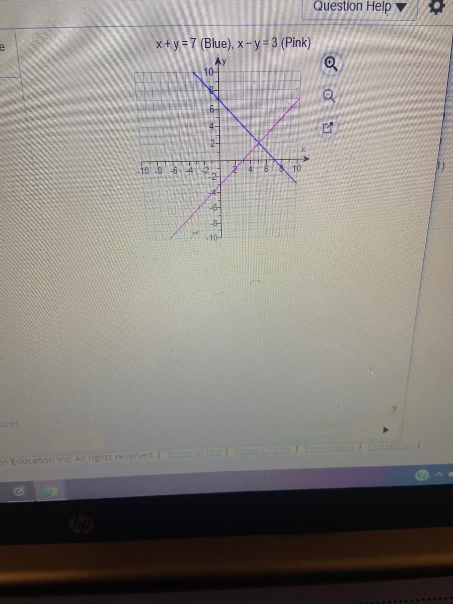 Question Help
x+y=7 (Blue), x- y = 3 (Pink)
Ay
10-
6-
4.
2-
10
-2
-2-
-10-8-6
-4
14
-6-
-8-
-10-
Swer
Evacy Polic
Permissions
Contact Us I
on Education Inc. All rights reserved. I Terms of ise
