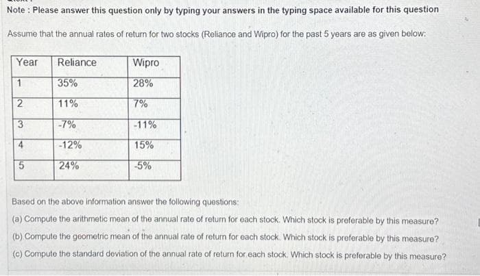 Note: Please answer this question only by typing your answers in the typing space available for this question
Assume that the annual rates of return for two stocks (Reliance and Wipro) for the past 5 years are as given below:
Year
2
3
4
5
Reliance
35%
11%
-7%
-12%
24%
Wipro
28%
7%
-11%
15%
-5%
Based on the above information answer the following questions:
(a) Compute the arithmetic mean of the annual rate of return for each stock. Which stock is preferable by this measure?
(b) Compute the geometric mean of the annual rate of return for each stock. Which stock is preferable by this measure?
(c) Compute the standard deviation of the annual rate of return for each stock. Which stock is preferable by this measure?
