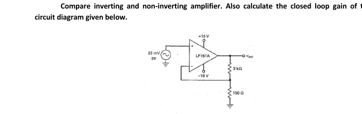 Compare inverting and non-inverting amplifier. Also calculate the closed loop gain of
circuit diagram given below.
+15 V
25 mV
LF1STA
Wout
pp
3 ka
-15 V
150 Q
