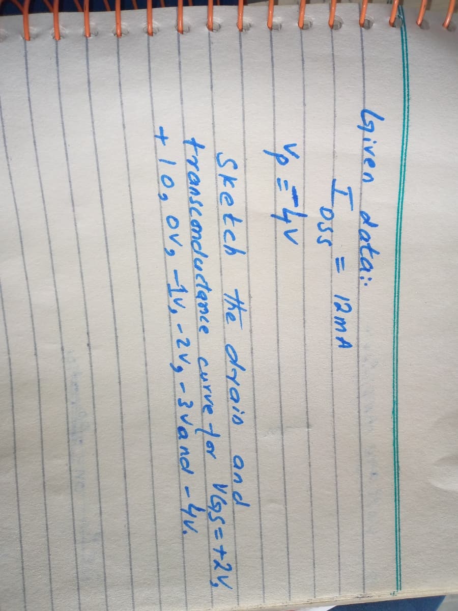 Given data:
I oss
= 12mA
Sketch
transconductance curve7or
+10,0Vg 1v,-2Vg -3 va nd -4v.
the dyain and
VGS=+2V,
