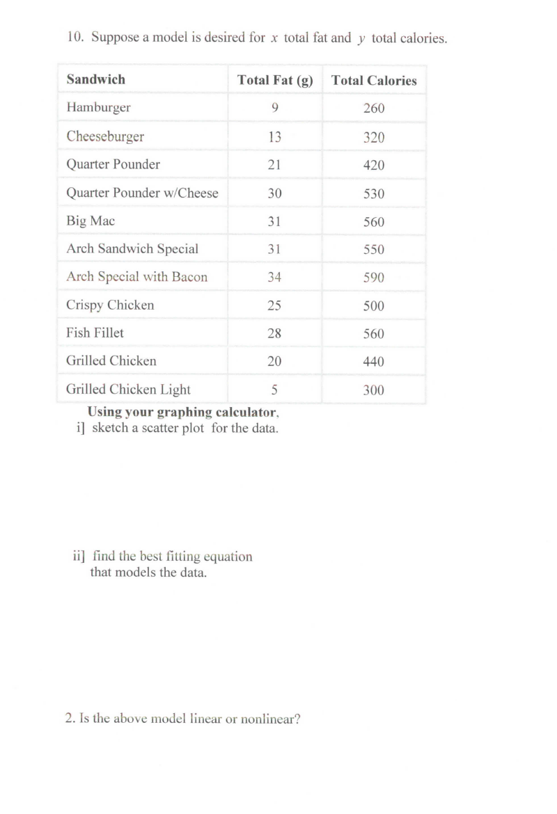 10. Suppose a model is desired for x total fat and y total calories.
Sandwich
Total Fat (g)
Total Calories
Hamburger
9.
260
Cheeseburger
13
320
Quarter Pounder
21
420
Quarter Pounder w/Cheese
30
530
Big Mac
31
560
Arch Sandwich Special
31
550
Arch Special with Bacon
34
590
Crispy Chicken
25
500
Fish Fillet
28
560
Grilled Chicken
20
440
Grilled Chicken Light|
5
300
Using your graphing calculator,
i] sketch a scatter plot for the data.
ii] find the best fitting equation
that models the data.
2. Is the above model linear or nonlinear?
