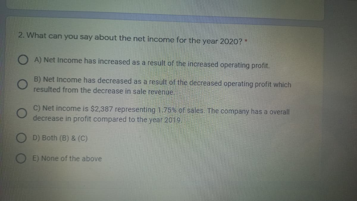 2. What can you say about the net income for the year 2020?*
O A) Net Income has increased as a result of the increased operating profit.
B) Net Income has decreased as a result of the decreased operating profit which
resulted from the decrease in sale revende
C) Net income is $2,387 representing 1.75% of sales. The company has a overall
decrease in profit compared to the year 2019.
D) Both (B) & (C)
E) None of the above
