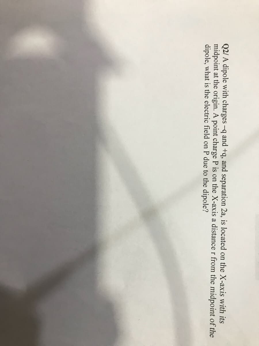Q2/ A dipole with charges –q and +q, and separation 2a, is located on the X-axis with its
midpoint at the origin. A point charge P is on the X-axis a distance r from the midpoint of the
dipole, what is the electric field on P due to the dipole?
