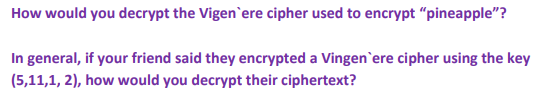 How would you decrypt the Vigen`ere cipher used to encrypt "pineapple"?
In general, if your friend said they encrypted a Vingen`ere cipher using the key
(5,11,1, 2), how would you decrypt their ciphertext?
