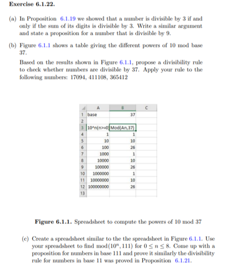 Exercise 6.1.22.
(a) In Proposition 6.1.19 we showed that a number is divisible by 3 if and
only if the sum of its digits is divisible by 3. Write a similar argument
and state a proposition for a number that is divisible by 9.
(b) Figure 6.1.1 shows a table giving the different powers of 10 mod base
37.
Based on the results shown in Figure 6.1.1, propose a divisibility rule
to check whether numbers are divisible by 37. Apply your rule to the
following numbers: 17094, 411108, 365412
1 base
37
2
3 10*n(n>o Mod(An, 37)
1
10
10
6.
100
26
7
1000
1
10000
10
100000
26
10
1000000
1
11 10000000
12 100000000
10
26
13
Figure 6.1.1. Spreadsheet to compute the powers of 10 mod 37
(c) Create a spreadsheet similar to the the spreadsheet in Figure 6.1.1. Use
your spreadsheet to find mod(10", 111) for 0 <n< 8. Come up with a
proposition for numbers in base 111 and prove it similarly the divisibility
rule for numbers in base 11 was proved in Proposition 6.1.21.
